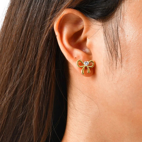 Shiny Zircon Butterfly Knot Flower Stud Earrings Women's Elegant Stainless Steel Jewelry Fashionable Minimalist Style