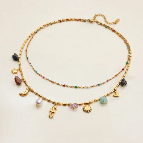 Ladies Vacation Style Necklace 18K Gold Stainless Steel Natural Stone Glass Pearl Oil Drop Colorful Pebble Glass Waterdrop Pendant Star Moon Horsehoe Sun Heart Double Layer Necklace