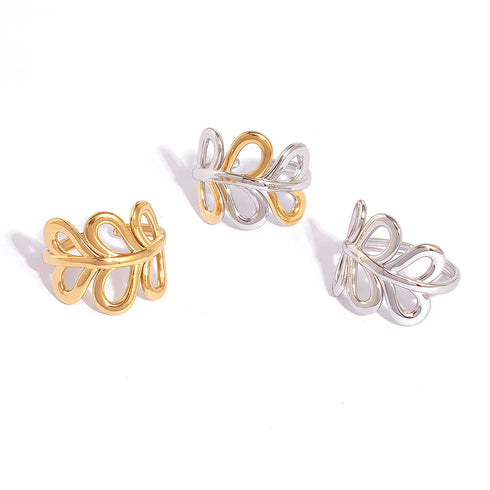 304 Stainless Steel 18K Gold Plated Women's Gold Geometric Stem and Leaf Open Ring, Women's Jewelry Accessories, Gift for Her