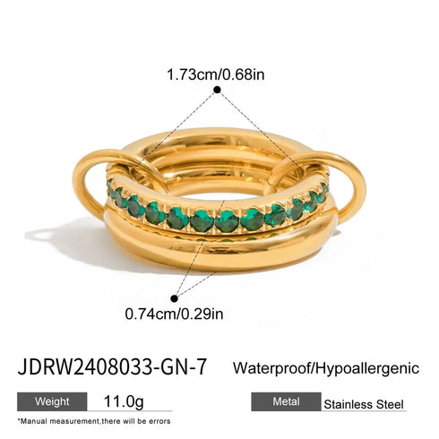 Ladies Sweet Romantic Ring 18K Gold Stainless Steel Double Layer Blue Topaz Double Layer Pink Zircon Double Layer Green Topaz