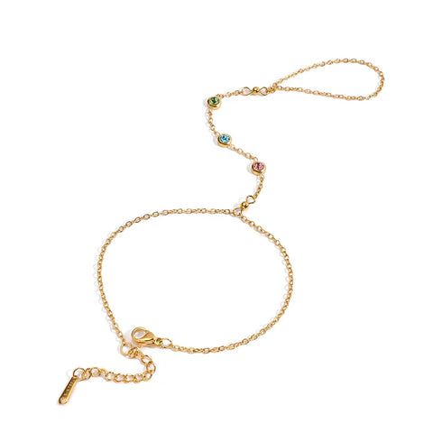 Ladies' Vacation Style 18K Gold/Steel Color Stainless Steel Zirconia Simple Fashion Three Pink Blue Green Finger Chain Bracelet 16+5cm With Auxiliary 13cm