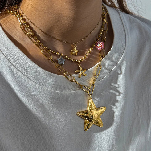 Vacuum Electroplating (In Furnace) Plated 18K Real Gold Starfish 304 Stainless Steel Artificial Pearl Resin Elegant Necklace