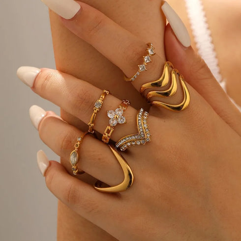 Elegant Stainless Steel Ring With Diamond And Zircon For Women Non-Fading Luxury Style Geometric Pattern Gold Plated Craft