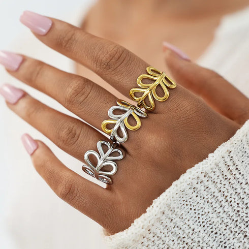304 Stainless Steel 18K Gold Plated Women's Gold Geometric Stem and Leaf Open Ring, Women's Jewelry Accessories, Gift for Her
