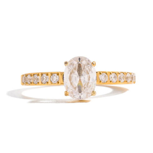 Women's Classic Style 16K Gold Stainless Steel + Zircon Oval White Zircon Diamond Ring Size 6/7/8