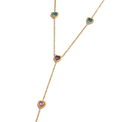 Ladies Classic Style 16K Gold Stainless Steel Zircon Heart Shaped Colorful Zircon Y Chain Necklace 56+5CM