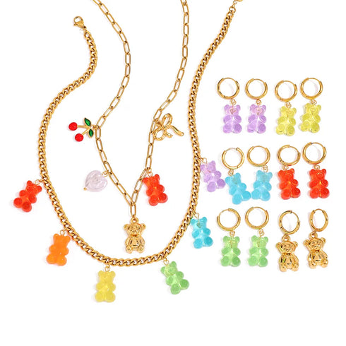 PVD Coated Real Gold Plated Cherry Bear Heart Shape 316 Stainless Steel Acrylic IG Style Casual Cute Waterproof Non Tarnish Earrings Necklace