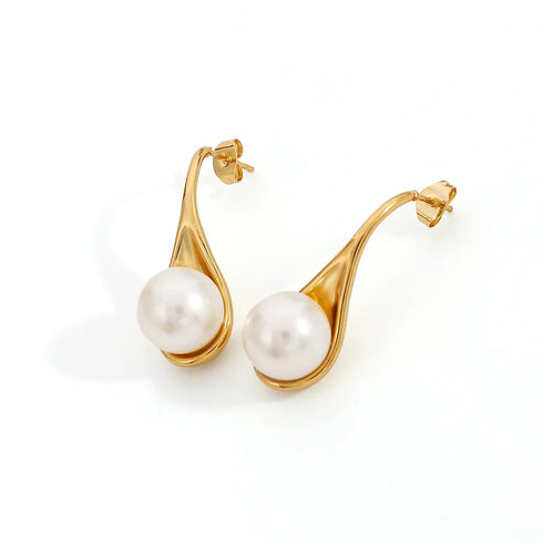 Vintage C-shaped Pearl Earrings Elegant Temperament Water Drop Shape Light Luxury 18K Gold Plated Earrings