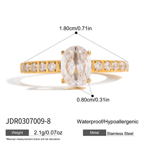 Women's Classic Style 16K Gold Stainless Steel + Zircon Oval White Zircon Diamond Ring Size 6/7/8