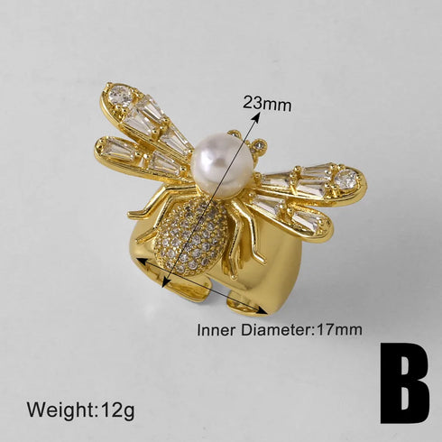 Modern Minimalist Open Bee Design Ring Copper Plated Full Zirconia 18K Gold Small Bee Ring Unisex Daily Wear Jewelry Accessory
