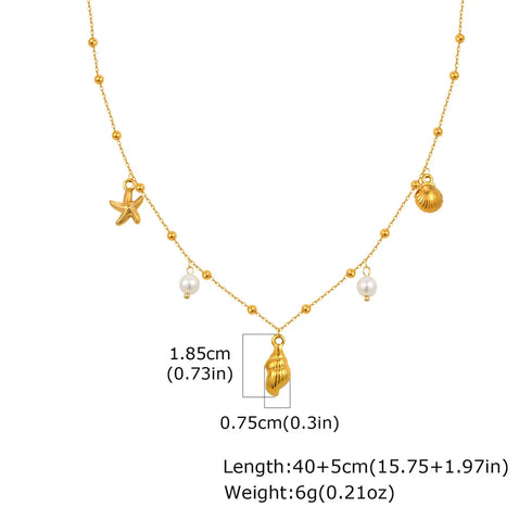 PVD Coated Real Gold Plated 18K Gold Starfish Conch Shell 304 Stainless Steel Casual Vacation Marine Style Waterproof Non Tarnish 304 Stainless Steel Lobster Trigger Clasp Closure Necklace