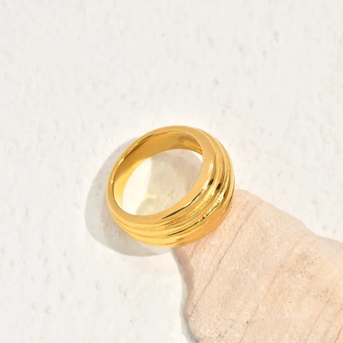 Double Black Zircon French Minimalist Personality Threaded Beveled Edge Pattern Vacuum Electroplated (In Furnace) 18K Real Gold Plated 304 Stainless Steel Ring