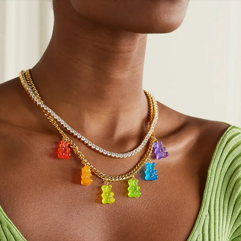 PVD Coated Real Gold Plated Cherry Bear Heart Shape 316 Stainless Steel Acrylic IG Style Casual Cute Waterproof Non Tarnish Earrings Necklace