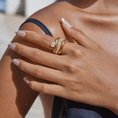 Ladies Classic Style Stainless Steel Ring With Zirconia 18K Gold Plated Oval And Tear Drop Patterned Ring Size 7 For Travel