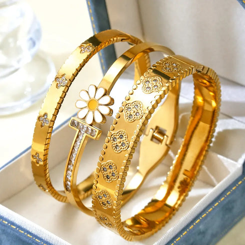 Elegant Fashion Simple High-end Geometric Four-leaf Flower Small Daisy Flower Inlaid Zircon Stainless Steel 18k Gold Plated Women's Bracelet All Seasons