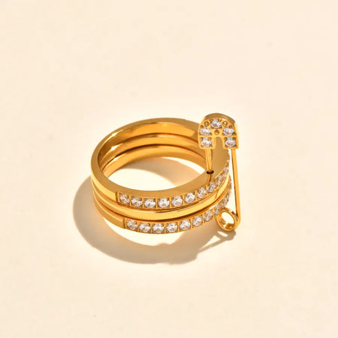 Vintage Bohemian Revolved Shell Titanium Steel Ring With Embedded Zirconia Stone And Magma Design Gold Plated Geometric Pattern