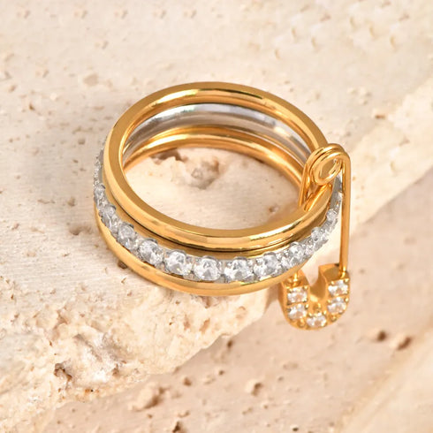 Multi-Layered Diamond Embedded Ring With Golden Circle Buckle Fashionable Style Elegant And Exaggerated Luxury For Women