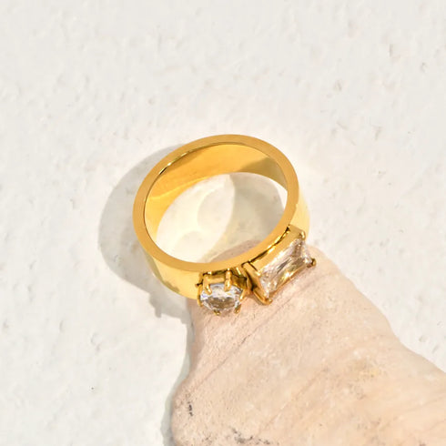 Double Black Zircon French Minimalist Personality Threaded Beveled Edge Pattern Vacuum Electroplated (In Furnace) 18K Real Gold Plated 304 Stainless Steel Ring