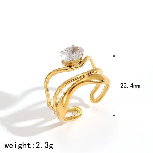 Elegant Stainless Steel Ring With Diamond And Zircon For Women Non-Fading Luxury Style Geometric Pattern Gold Plated Craft
