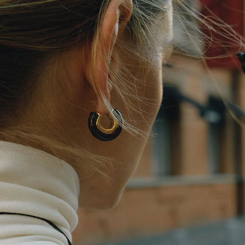 Ladies Vintage Style 18K Gold Stainless Steel Resin C Circle Earrings Brown Black Deep Green Irregular Resin C Circle Ear Jewelry