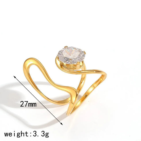 Elegant Stainless Steel Ring With Diamond And Zircon For Women Non-Fading Luxury Style Geometric Pattern Gold Plated Craft