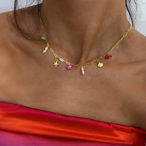 Ion Plating (IP) Real Gold Plated 18K Gold Starfish Shell 304 Stainless Steel Beach Tropical Waterproof Non Tarnish Multi Charms Bracelet Multi Charms Necklace