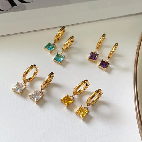 1 pair retro square inlay titanium steel zircon drop earrings