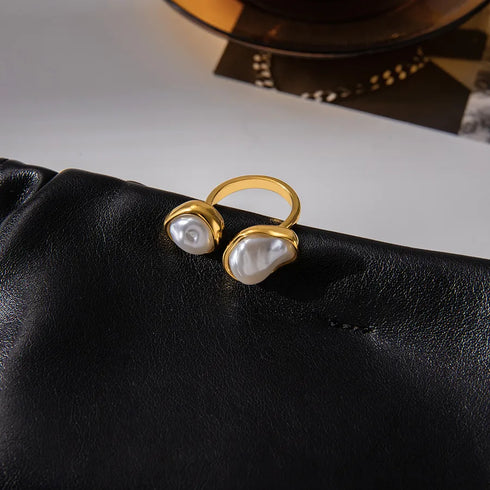 Elegant Pearl Resin Open Ring For Ladies 18K Gold Stainless Steel Baroque Asymmetric Design Vacuum Plated Real Gold