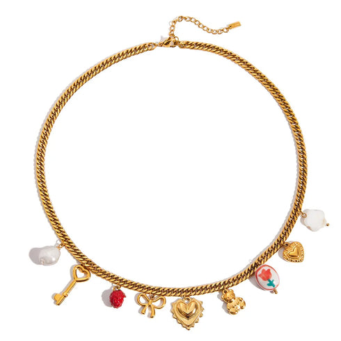 PVD Coated Real Gold Plated little bear Heart Shape Bow Knot Steel Elegant Lady Vacation Waterproof Non Tarnish 304 Stainless Steel Safety Clasp Closure Necklace