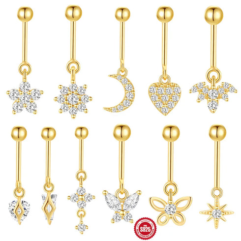 S925 Sterling Silver Love Moon Diamond Flower Vertical Bead Puncture Thread Ear Nail Hot Ear Jewelry