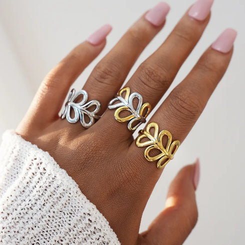 304 Stainless Steel 18K Gold Plated Women's Gold Geometric Stem and Leaf Open Ring, Women's Jewelry Accessories, Gift for Her