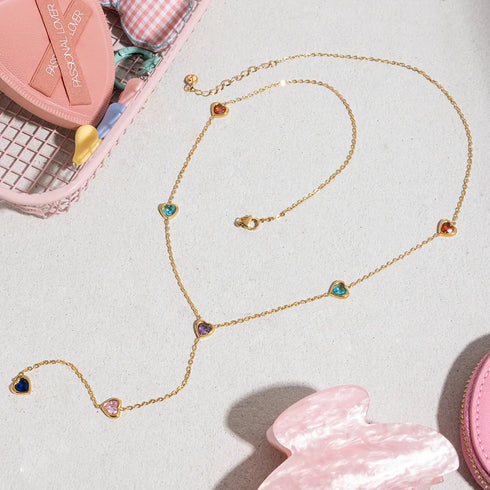 Ladies Classic Style 16K Gold Stainless Steel Zircon Heart Shaped Colorful Zircon Y Chain Necklace 56+5CM