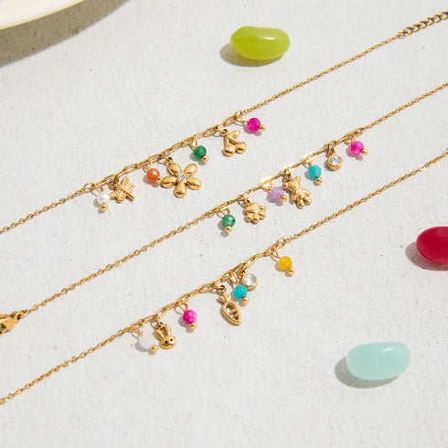 Ladies Sweet Romantic Rabbit Carrot Pendant Bracelet Stainless Steel Stones Crystals Colorful White Carat Adjustable