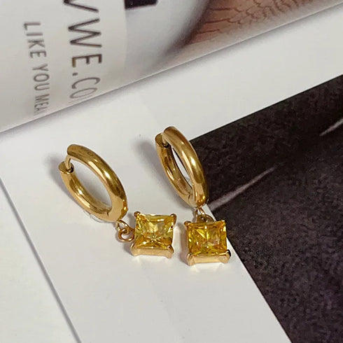 1 pair retro square inlay titanium steel zircon drop earrings