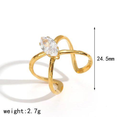 Elegant Stainless Steel Ring With Diamond And Zircon For Women Non-Fading Luxury Style Geometric Pattern Gold Plated Craft