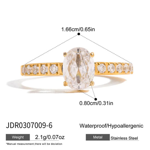 Women's Classic Style 16K Gold Stainless Steel + Zircon Oval White Zircon Diamond Ring Size 6/7/8