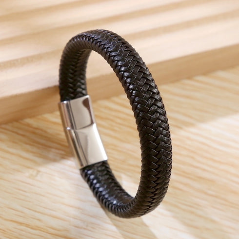 Stainless Steel Leather Braid Men's Bangle
