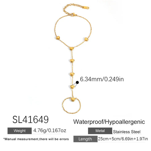 Vintage Style Heart Chain Five-Pointed Star One-Piece Chain Integrated Ring Vacuum Electroplating (In Furnace) 18K Real Gold Plated 304 Stainless Steel Bracelet
