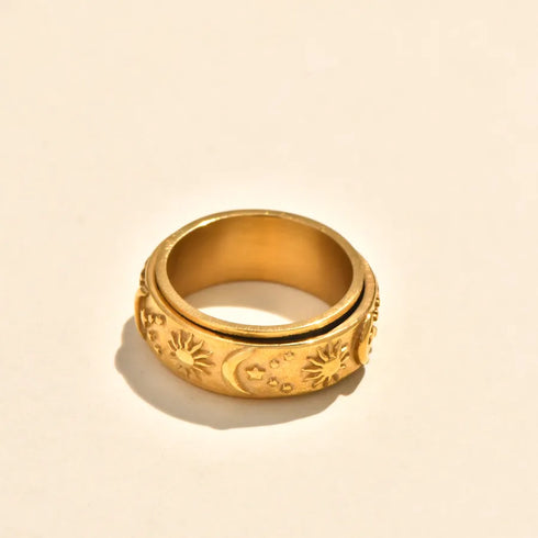 Vintage Bohemian Revolved Shell Titanium Steel Ring With Embedded Zirconia Stone And Magma Design Gold Plated Geometric Pattern