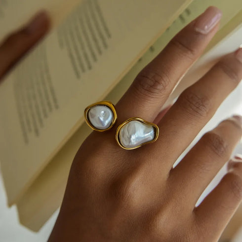 Elegant Pearl Resin Open Ring For Ladies 18K Gold Stainless Steel Baroque Asymmetric Design Vacuum Plated Real Gold