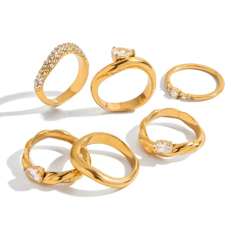 Ladies Classic Style Stainless Steel Ring With Zirconia 18K Gold Plated Oval And Tear Drop Patterned Ring Size 7 For Travel