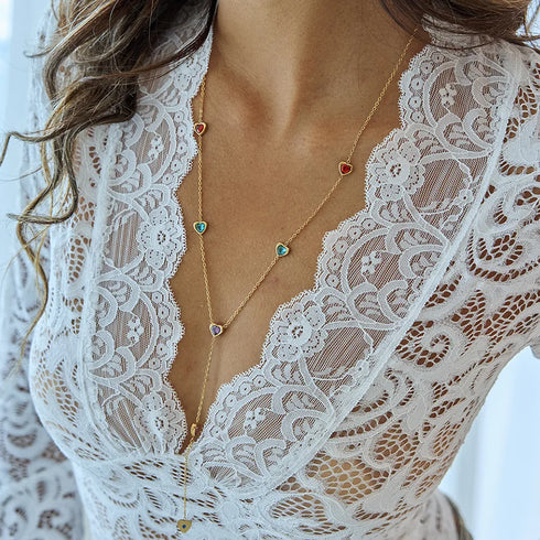 Ladies Classic Style 16K Gold Stainless Steel Zircon Heart Shaped Colorful Zircon Y Chain Necklace 56+5CM