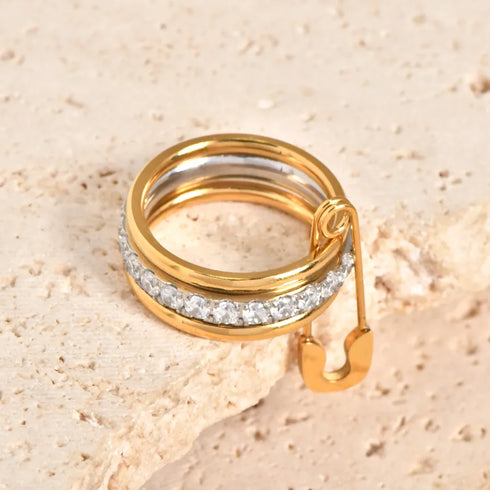 Multi-Layered Diamond Embedded Ring With Golden Circle Buckle Fashionable Style Elegant And Exaggerated Luxury For Women