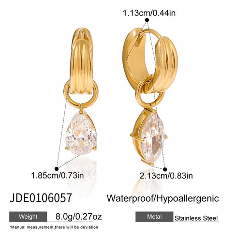 Classic Style Ladies Earrings 18K Gold Stainless Steel Zirconia Waterdrop Shaped White Zirconia Pendant Stud Earring Pair AB Version