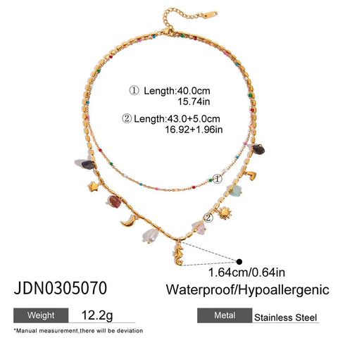 Ladies Vacation Style Necklace 18K Gold Stainless Steel Natural Stone Glass Pearl Oil Drop Colorful Pebble Glass Waterdrop Pendant Star Moon Horsehoe Sun Heart Double Layer Necklace
