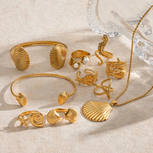 PVD Coated Real Gold Plated 18K Gold Starfish Hippocampus Shell 304 Stainless Steel Vacation Simple Style IG Style Waterproof Non Tarnish Rings Earrings Necklace