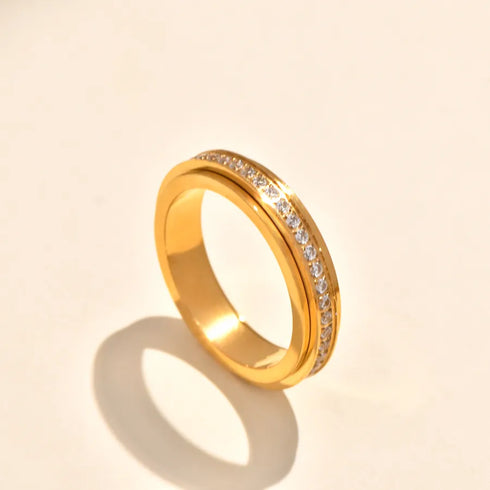 Vintage Bohemian Revolved Shell Titanium Steel Ring With Embedded Zirconia Stone And Magma Design Gold Plated Geometric Pattern